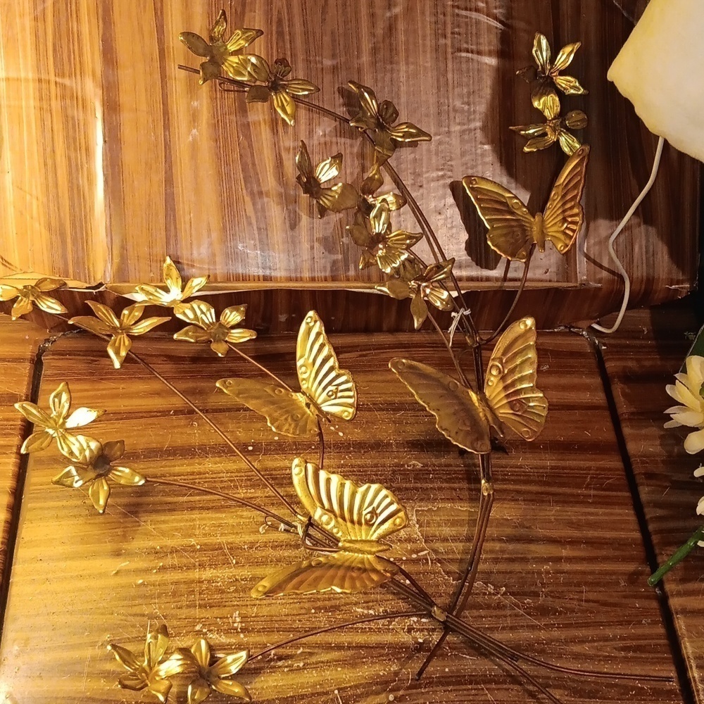 Vintage 1970s mcm goldtone brass copper wall art deco leaves 🦋 butterfly